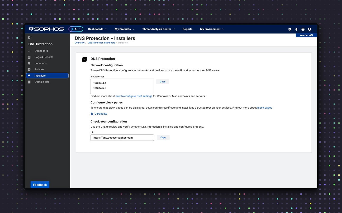 Sophos Central DNS Protection Installers mit DNS Protection IP-Adressen, Zertifikat und Test-URL