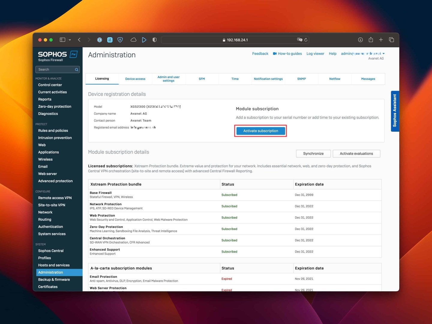 Activate Sophos Firewall Subscription