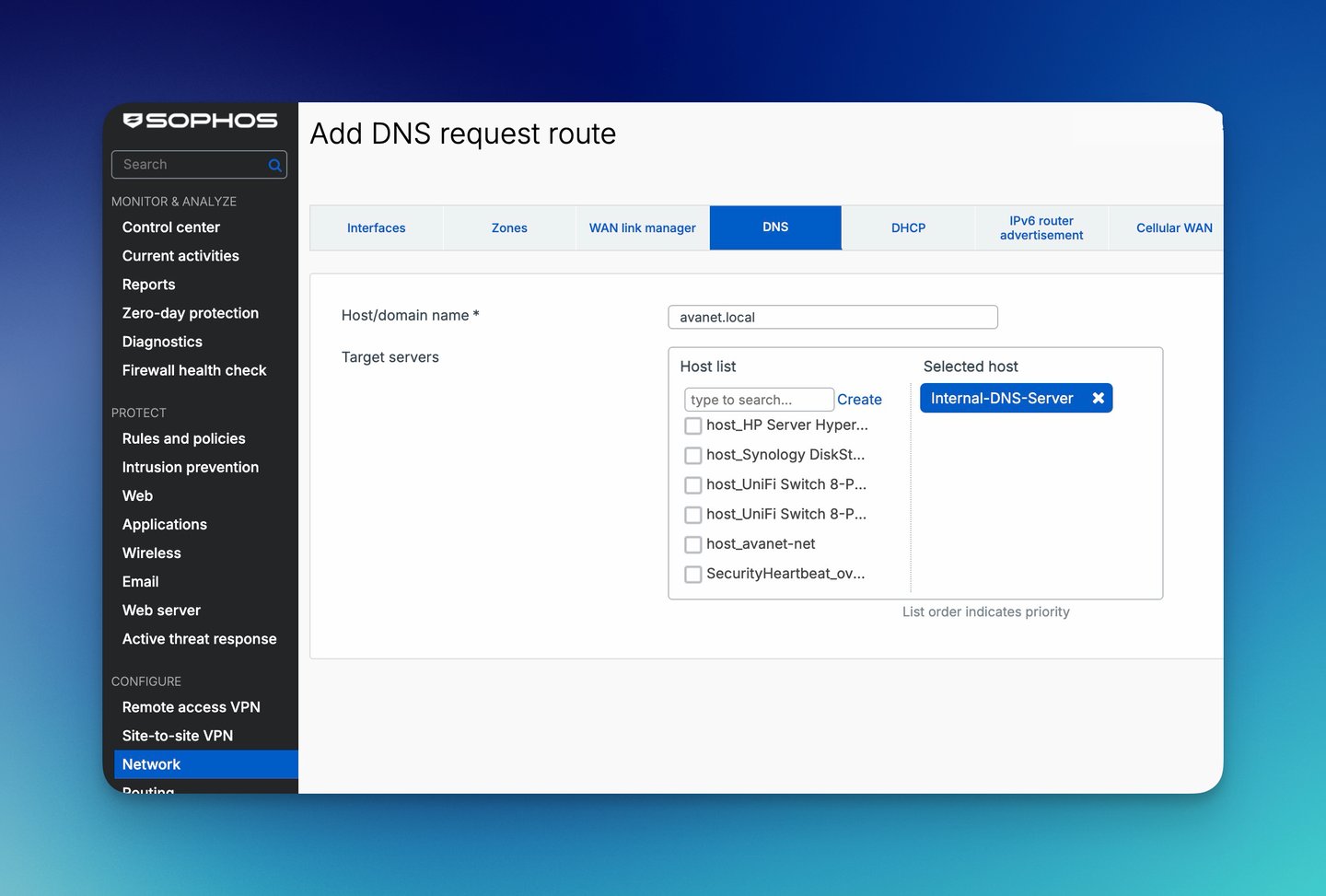 Sophos Firewall - Aggiungi rotta richiesta DNS con server DNS interno
