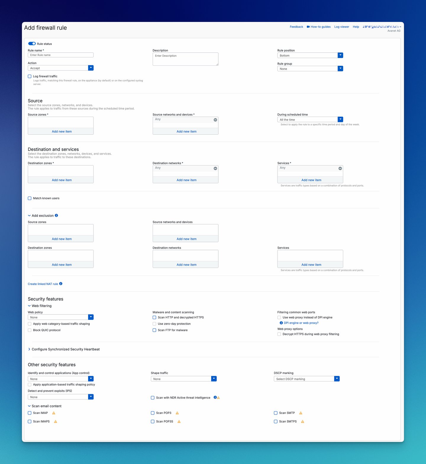 Sophos Firewall Aggiungi una regola firewall con tutte le opzioni, dallo stato della regola alle funzionalità di sicurezza