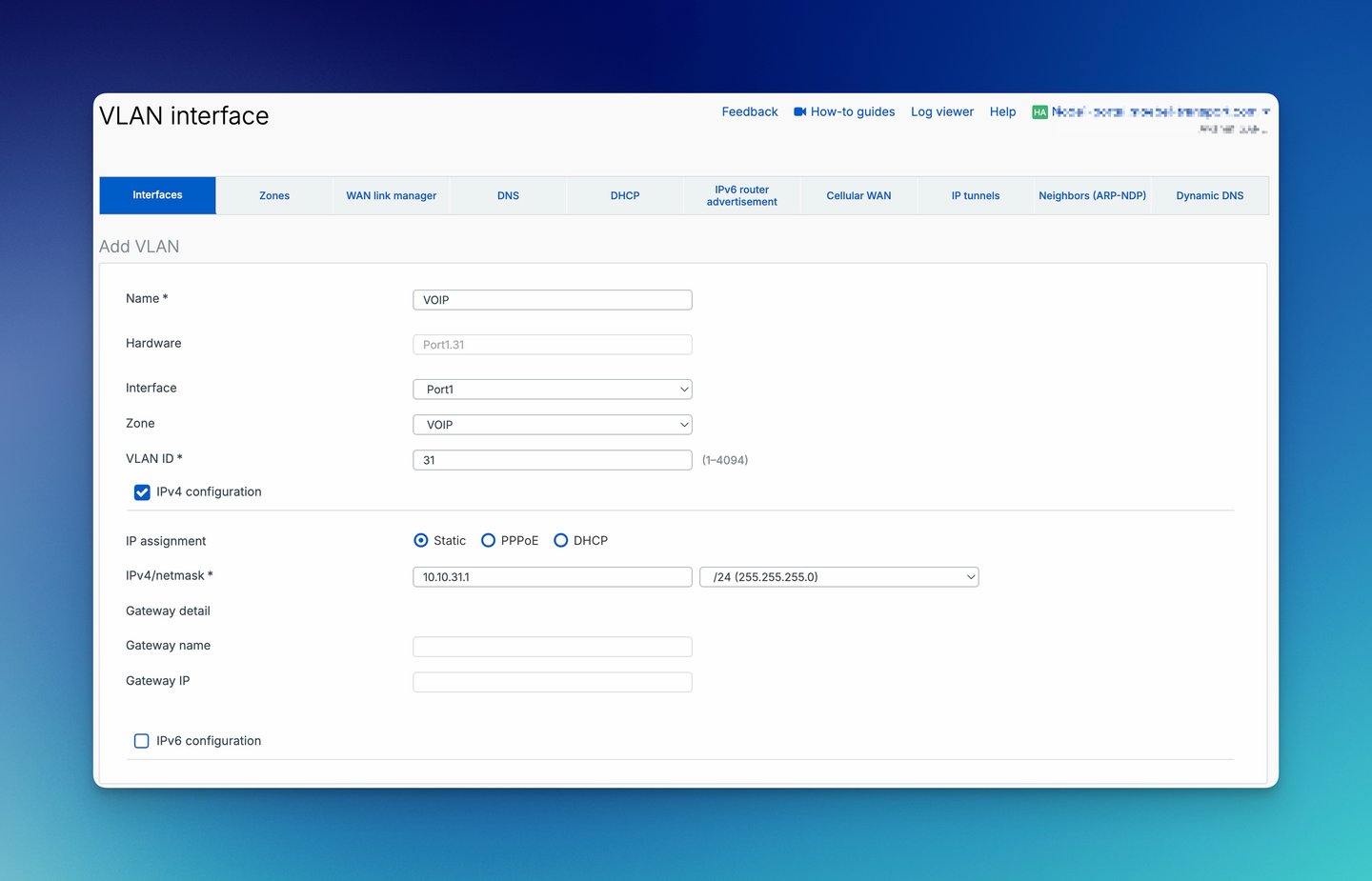 Sophos Firewall Add VLAN Mask with interface, zone, VLAN ID and IPv4 configuration