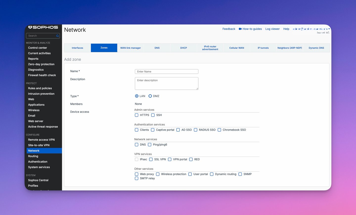 Sophos Firewall Add zone mask with LAN and DMZ type as well as Device Access options