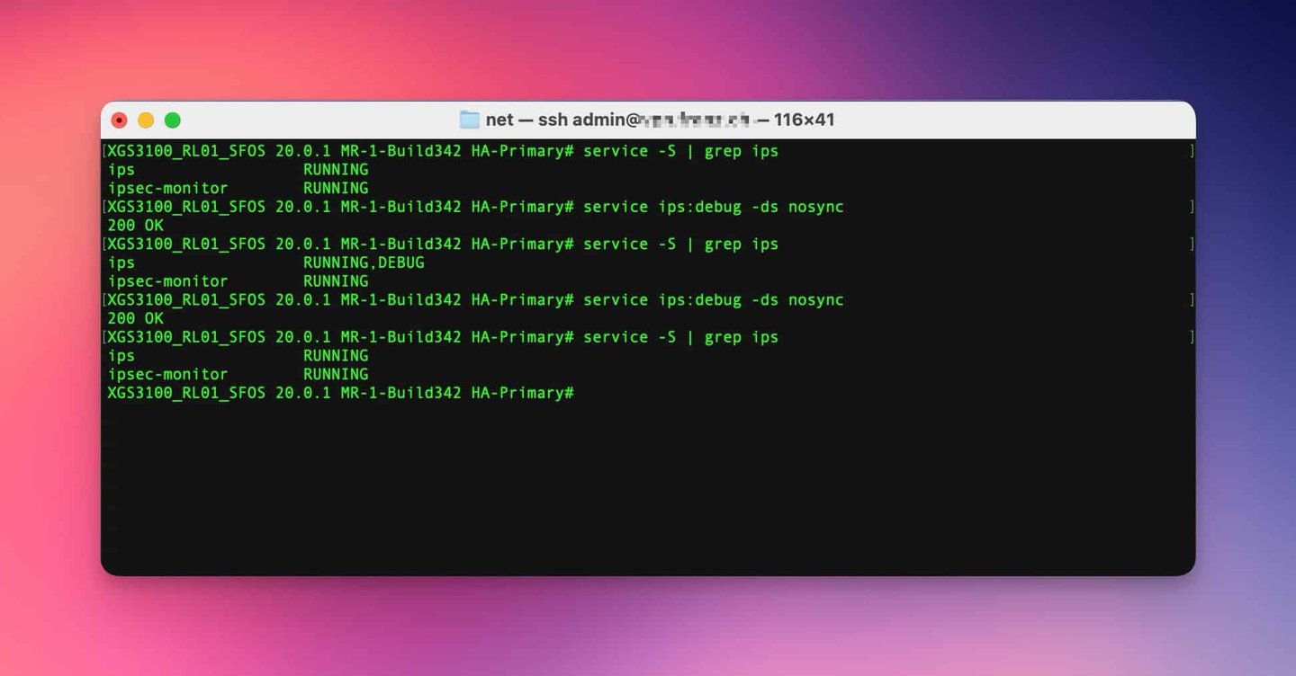 Sophos Firewall Advanced Shell mit Debug-Modus für einen Service