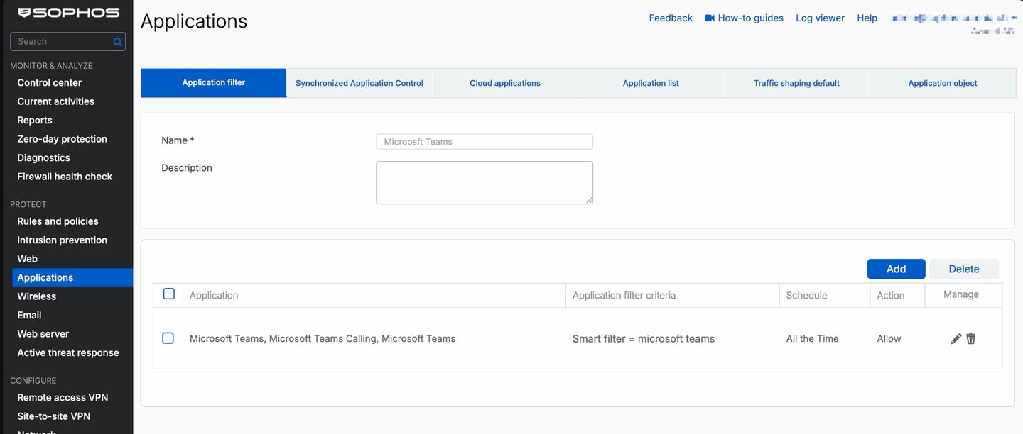Sophos Firewall - Filtro delle applicazioni per Microsoft Teams