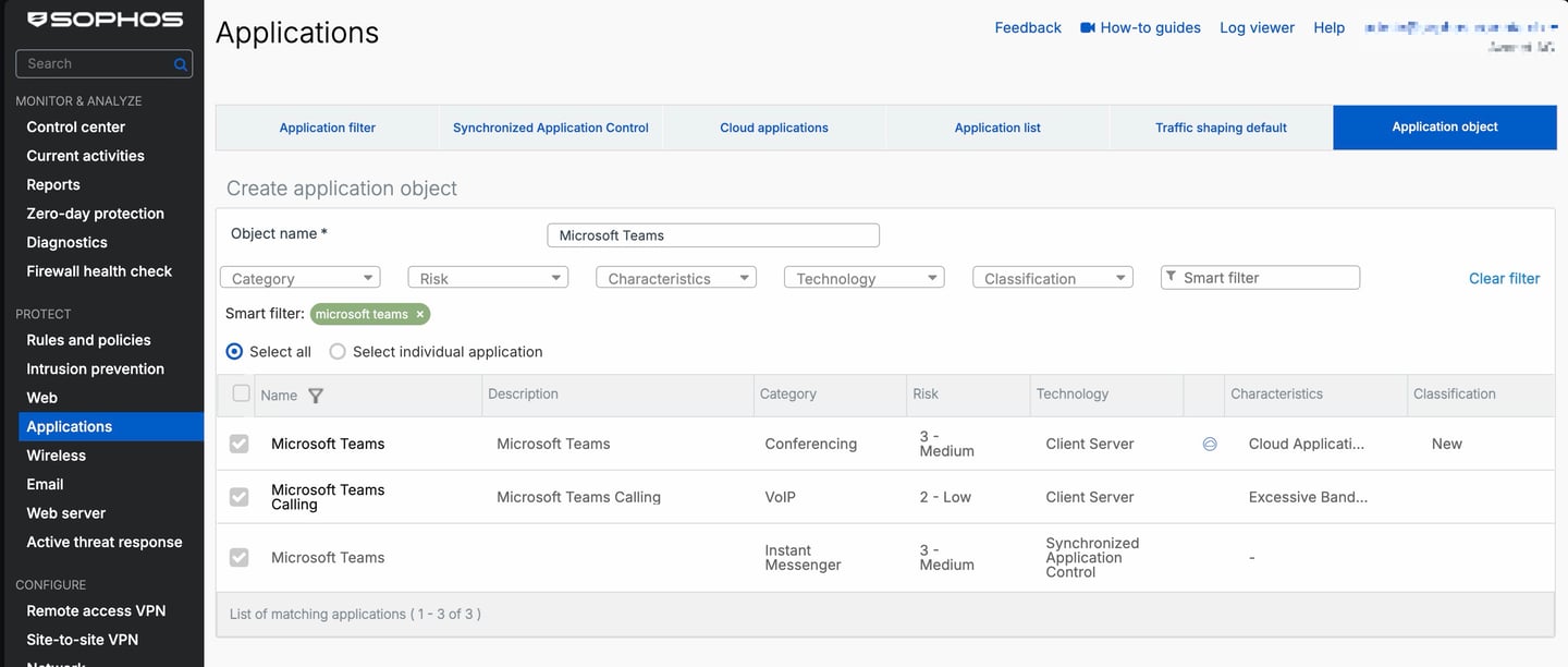 Sophos Firewall - Creare un oggetto applicazione per Microsoft Teams