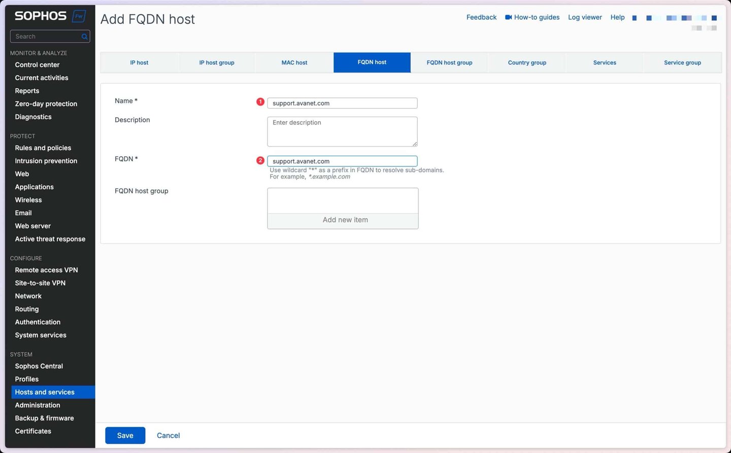 Sophos Firewall - Lägg till FQDN-värd