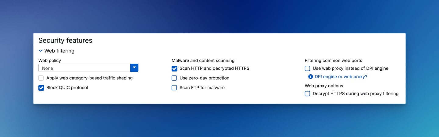 Sophos Firewall-regel med alternativet Block QUIC protocol aktiverat