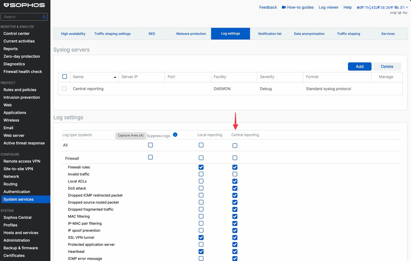 Sophos Firewall - Impostazioni di log con colonna Central reporting