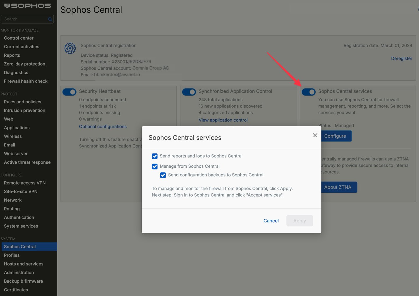 Sophos Firewall - Attivare i servizi di Sophos Central con Send reports and logs to Sophos Central
