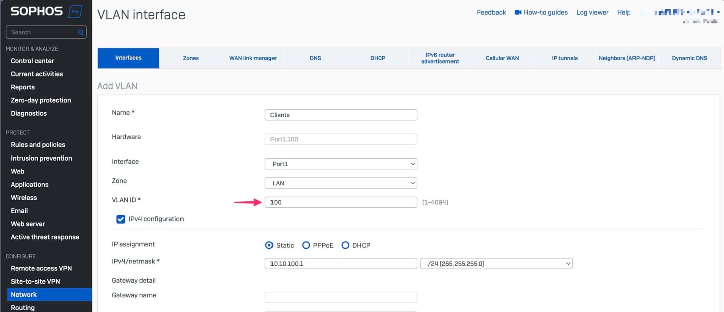 Sophos Firewall VLAN Gränssnitt med VLAN ID och IPv4 konfiguration