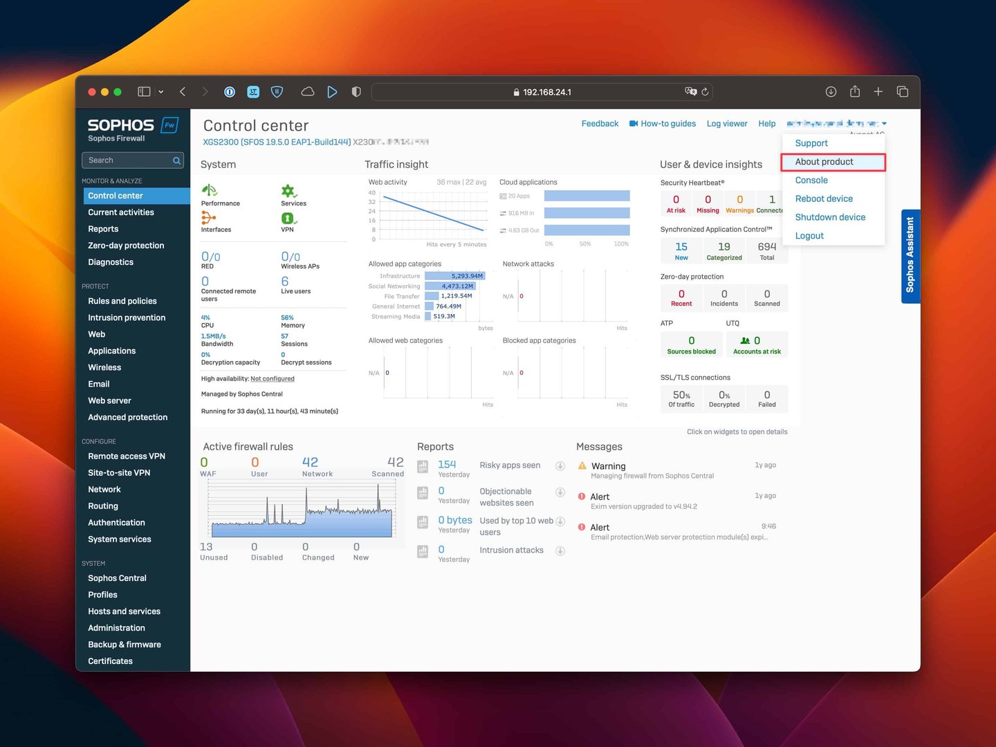 Sophos Firewall Dashboard - Open About Product