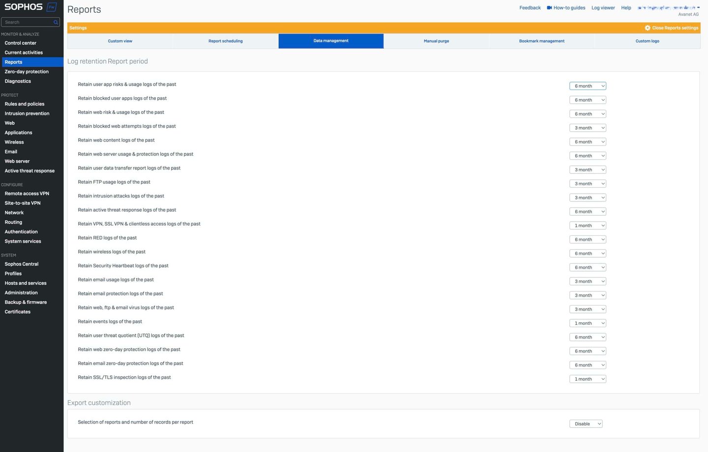 Sophos Firewall - Report Speicherungsdauer
