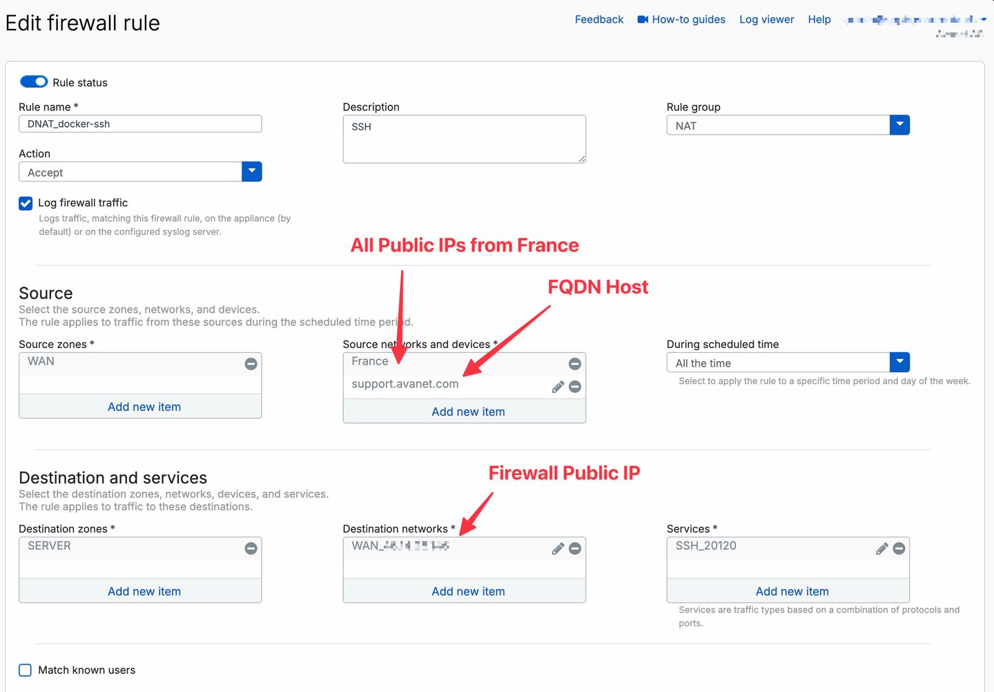 Sophos Firewall: regola del firewall che corrisponde alla regola DNAT con reti di origine limitate