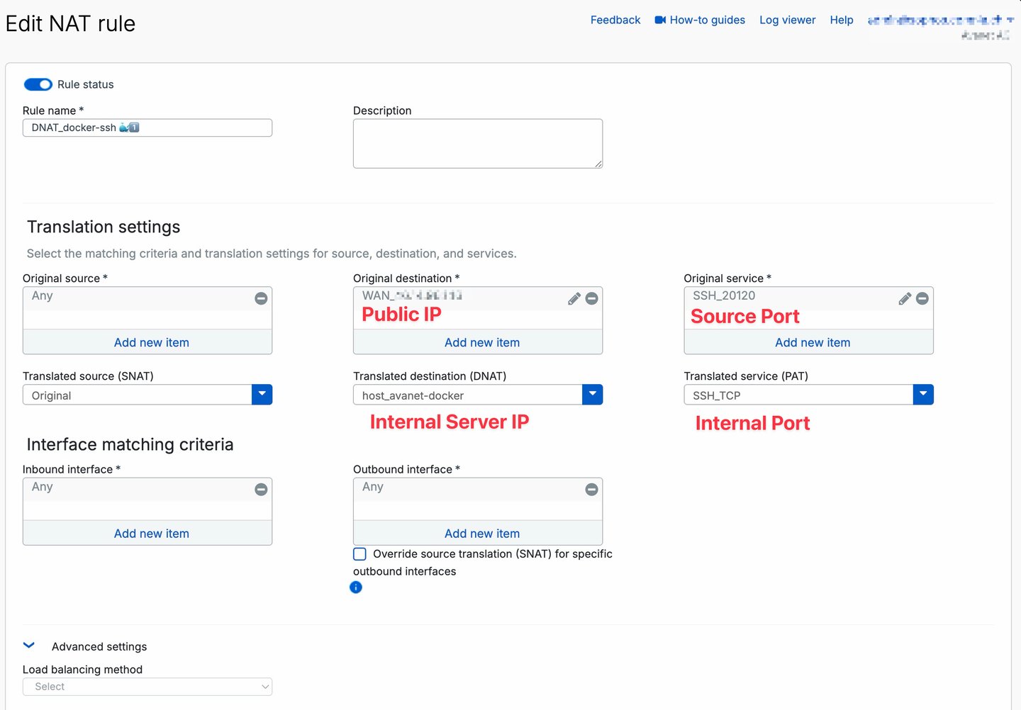 Sophos Firewall - Regola DNAT con IP pubblico, porta esterna e server di destinazione interno