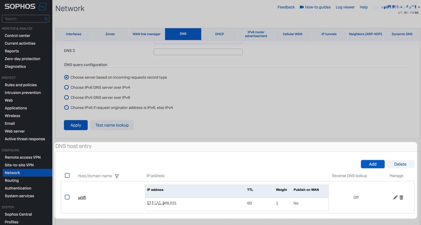 Impostazioni DNS UniFi Controller su Sophos Firewall