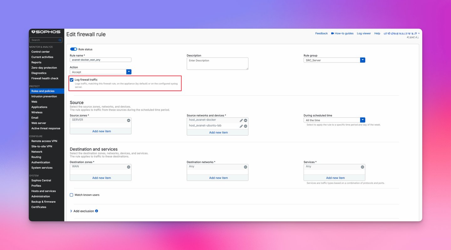 Regola del Sophos Firewall con opzione Log firewall traffic attivata