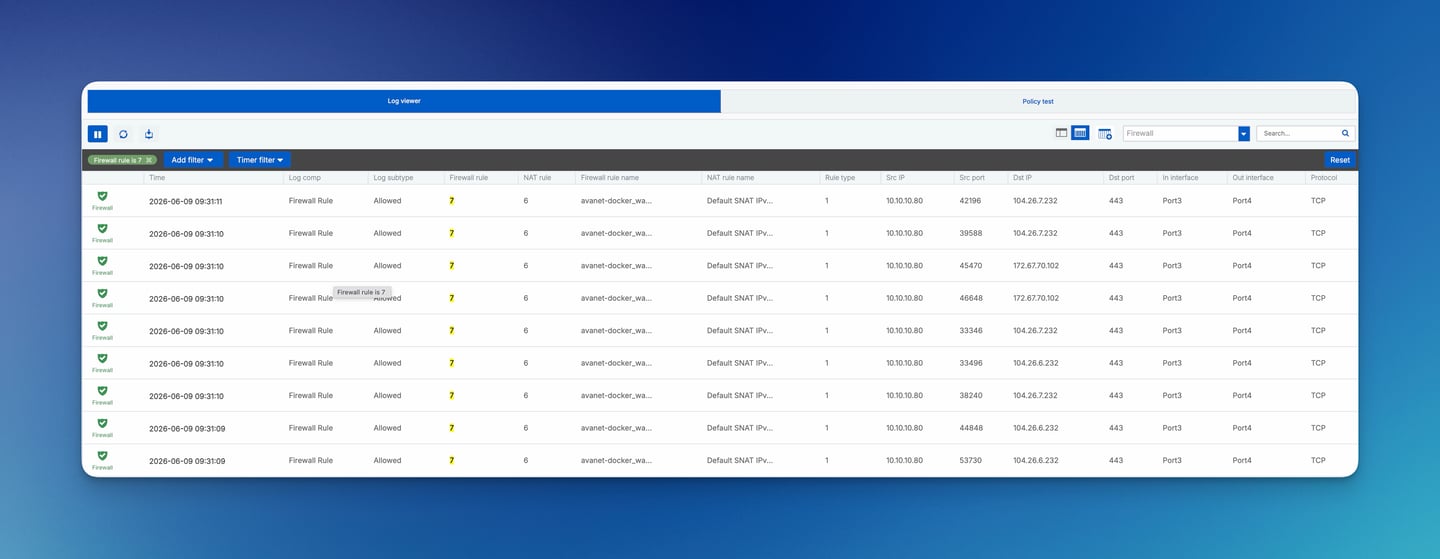 Log Viewer di Sophos Firewall con Firewall rule ID e NAT rule ID