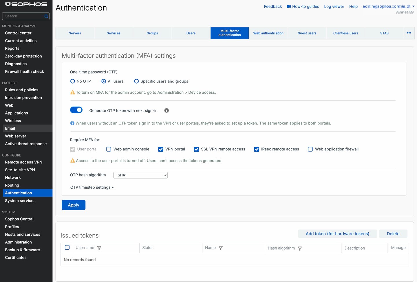 Sophos Firewall - Multi-factor authentication settings under Authentication