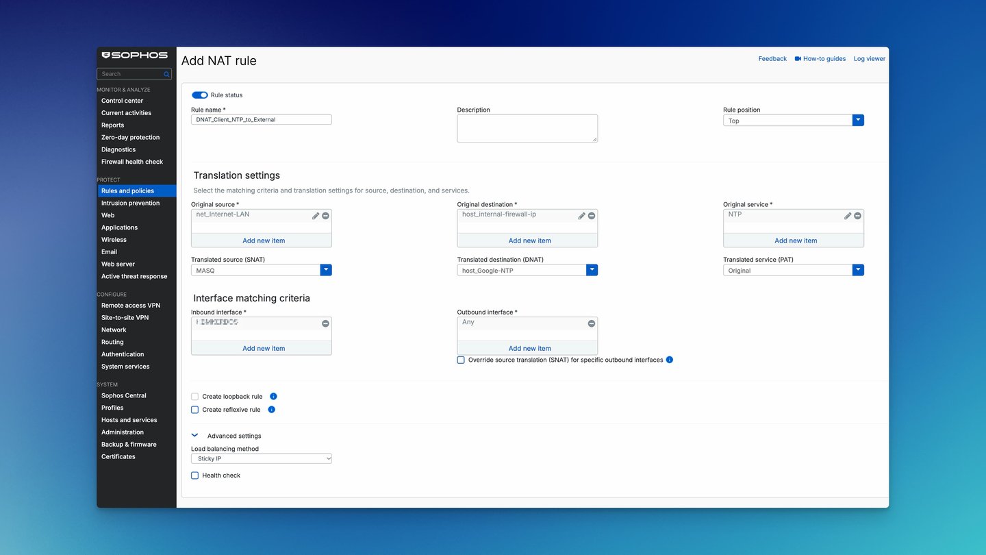 Règle DNAT pour le NTP externe ; les informations d’interface sont anonymisées.