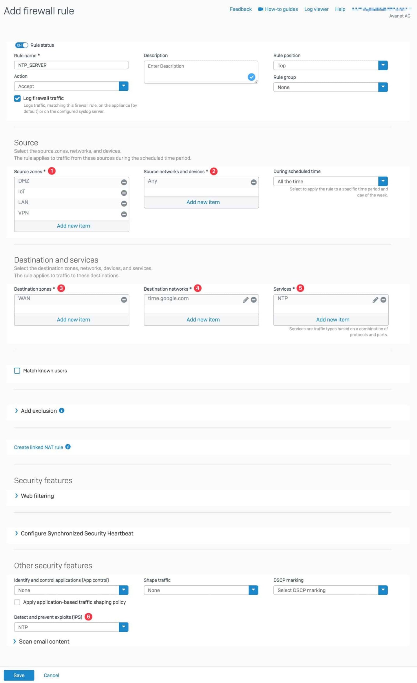 Sophos Firewall Regel für NTP-Weiterleitung