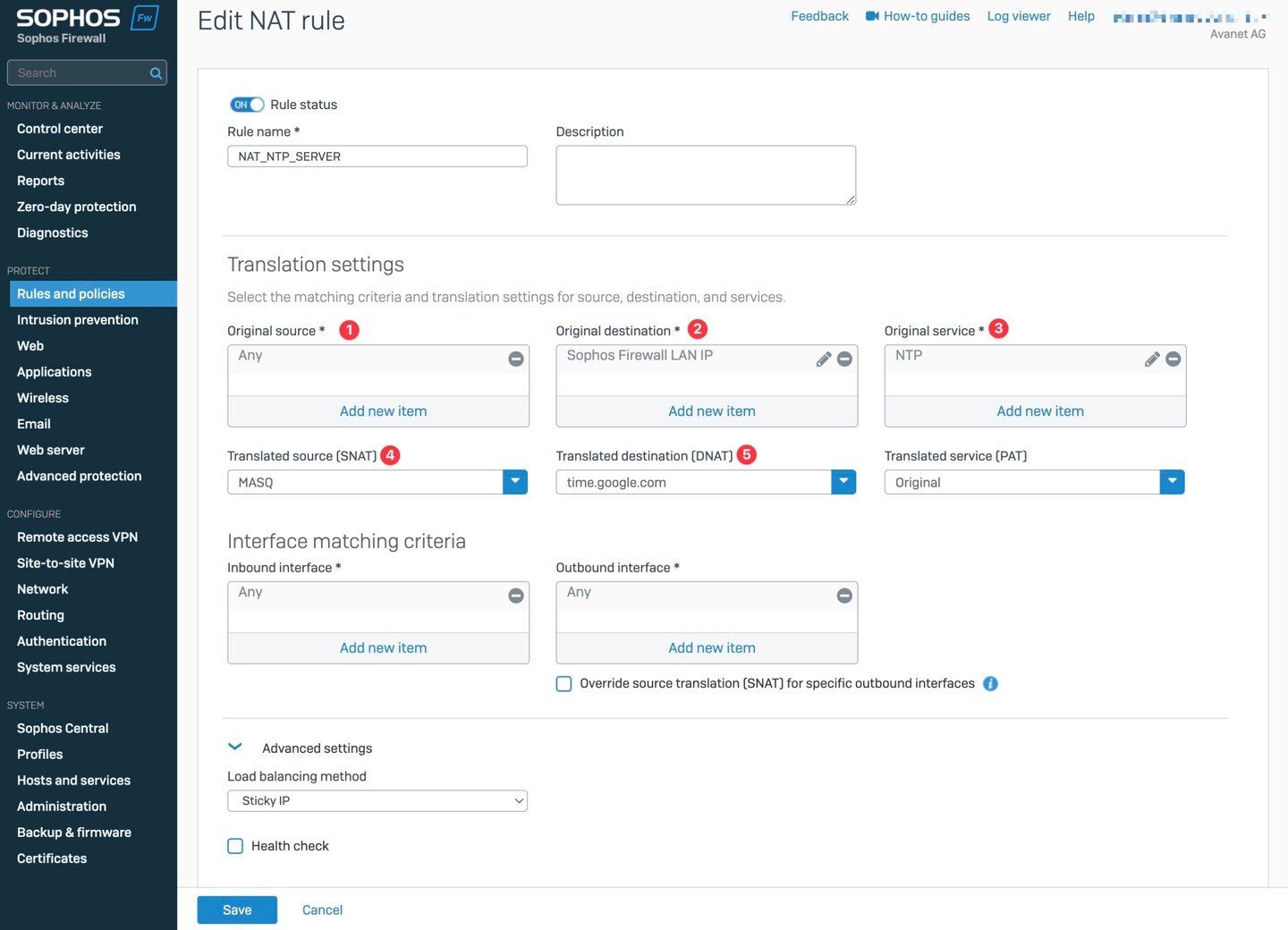 Detailansicht der Sophos Firewall NAT-Regel für NTP