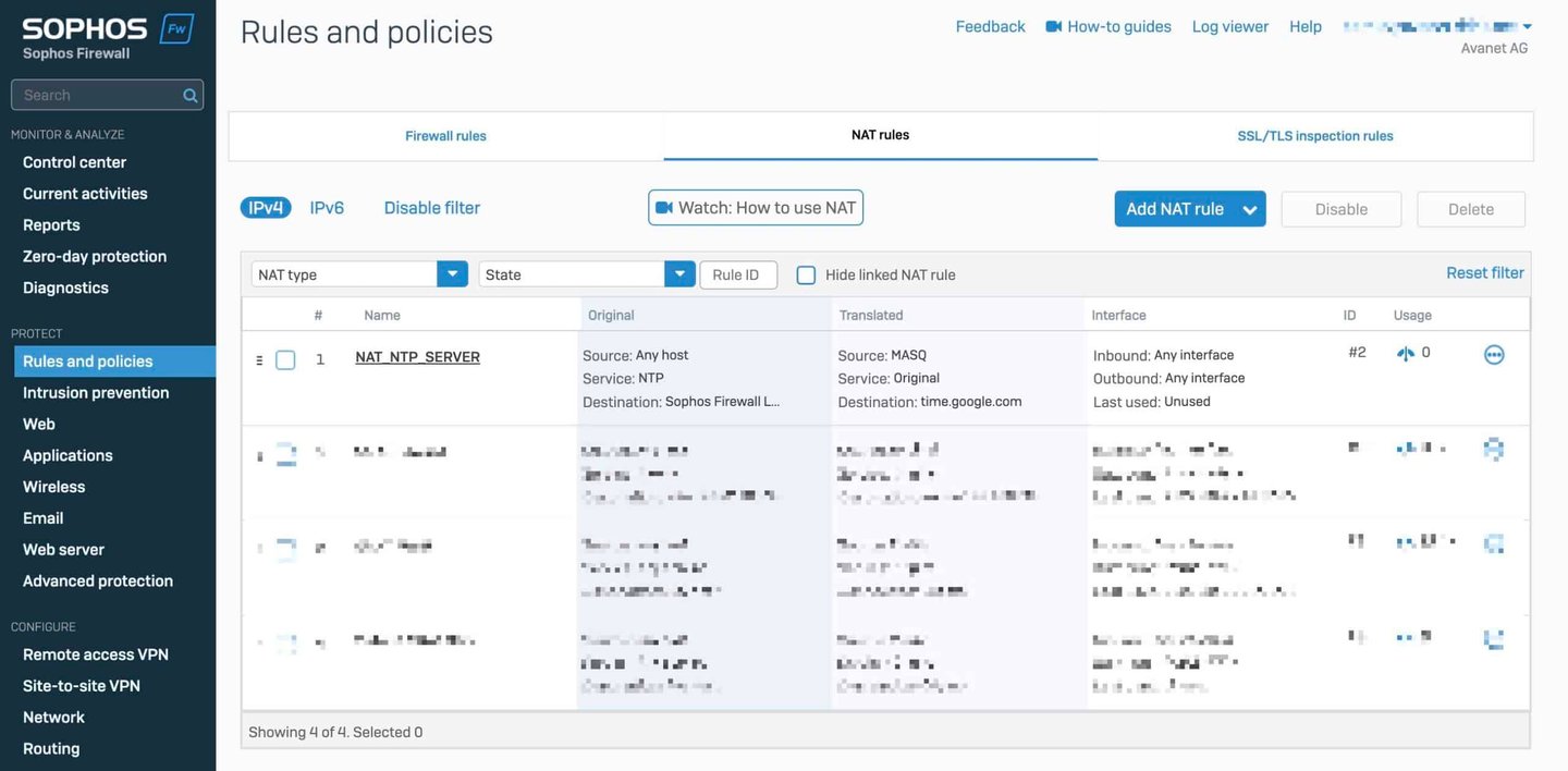 Sophos Firewall NAT-Regel für NTP-Weiterleitung