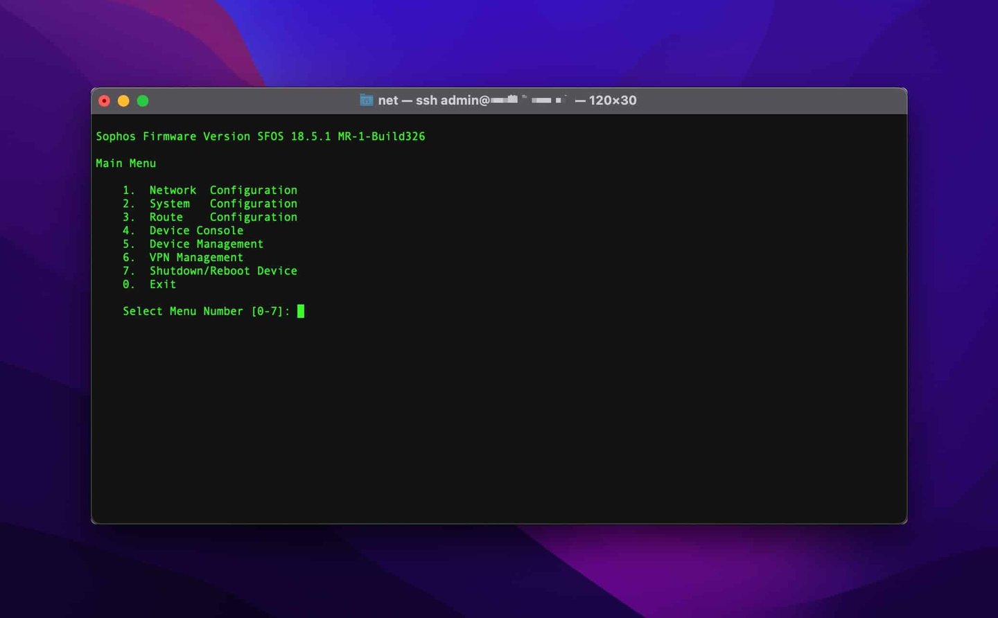 Sophos Firewall SSH menu with Device Console selection