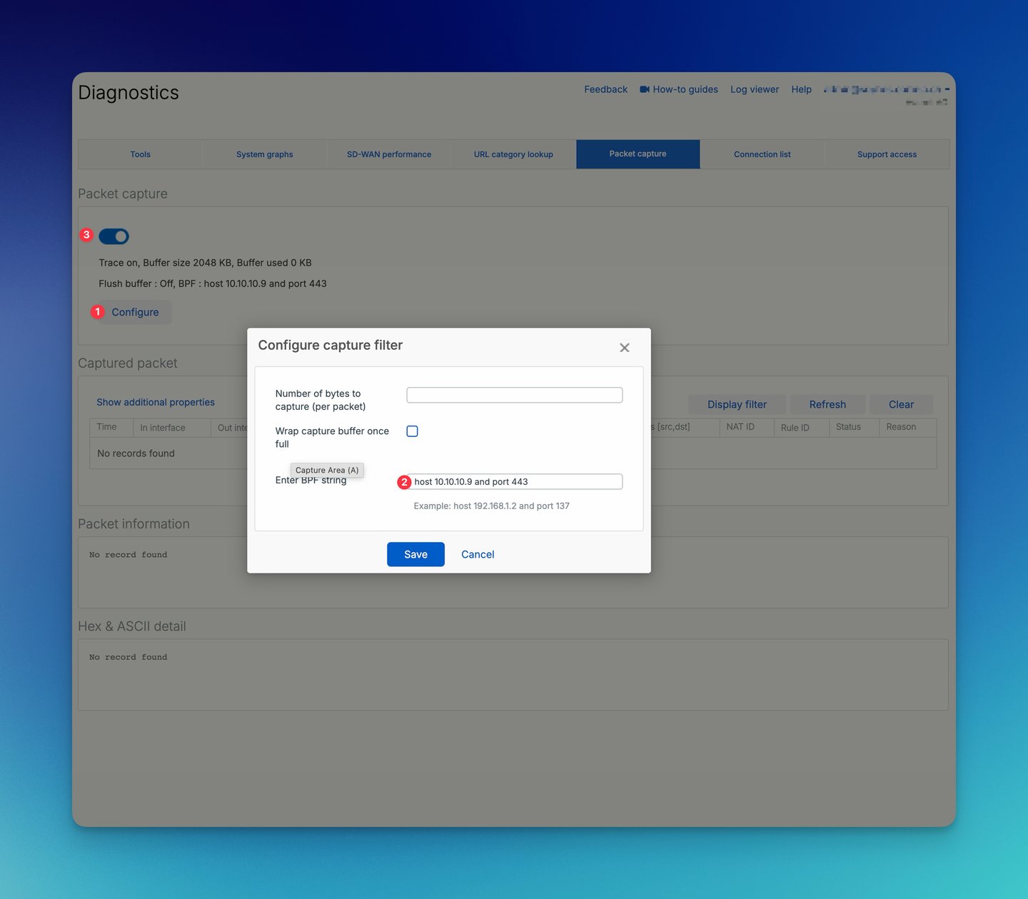 Sophos Firewall Packet Capture mit Configure-Dialog, BPF-String und Trace-Schalter
