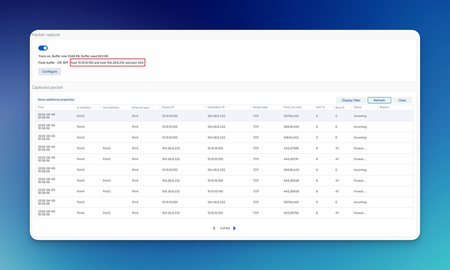 Packet Capture di Sophos Firewall con filtro BPF, NAT ID e Rule ID