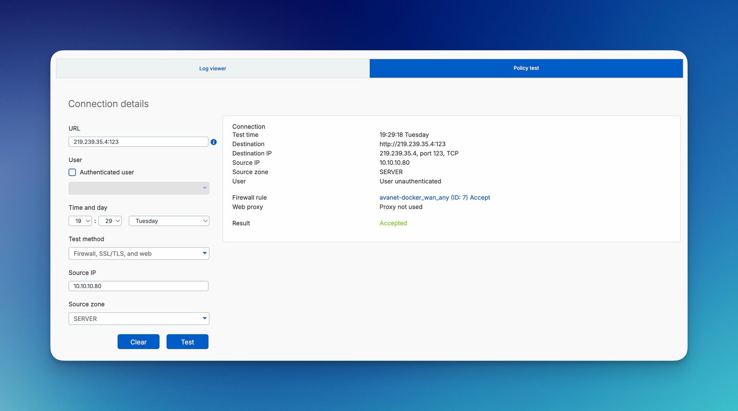 Policy tester di Sophos Firewall con risultato accettato