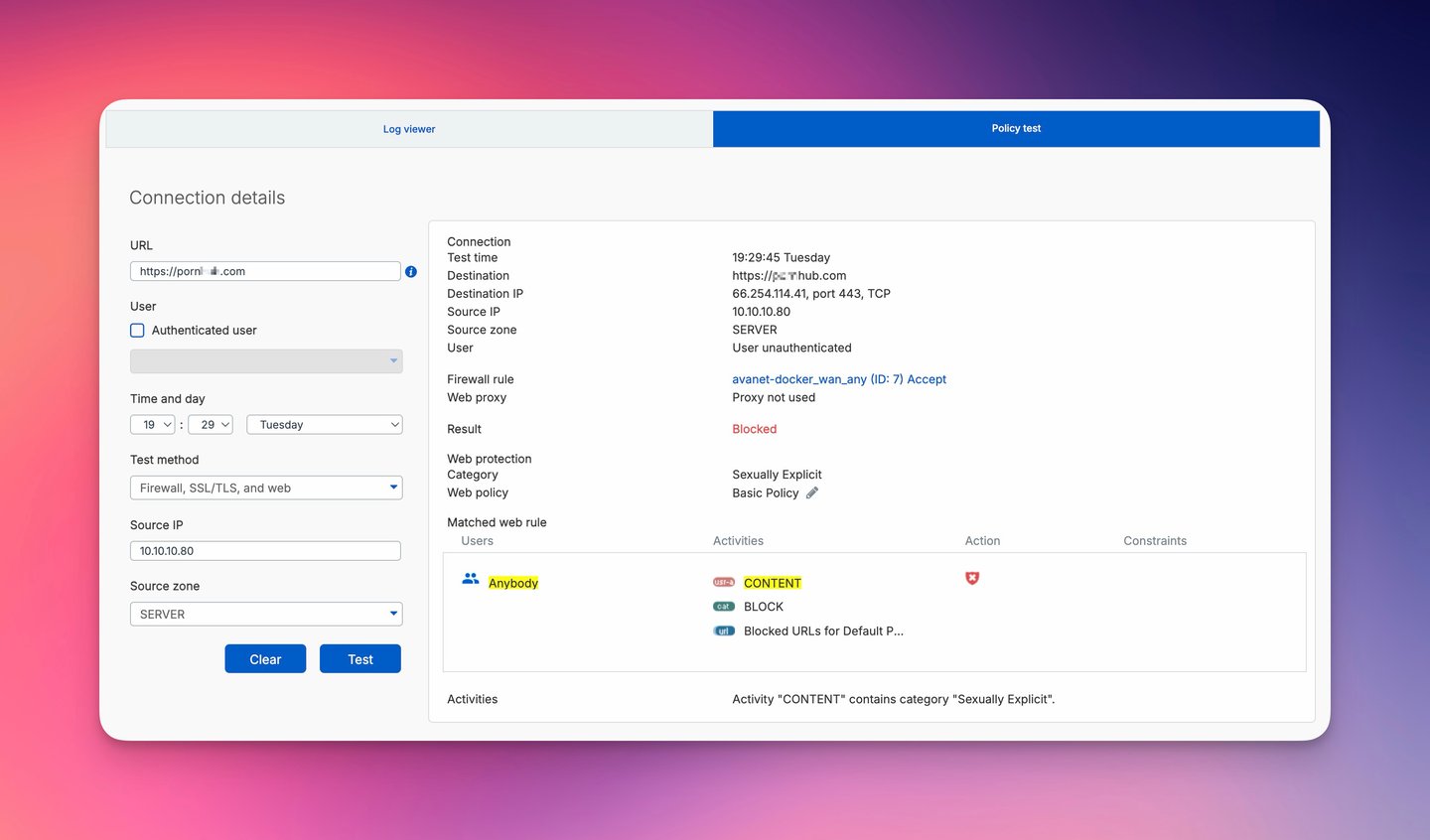 Policy tester di Sophos Firewall con risultato di Web Policy bloccato