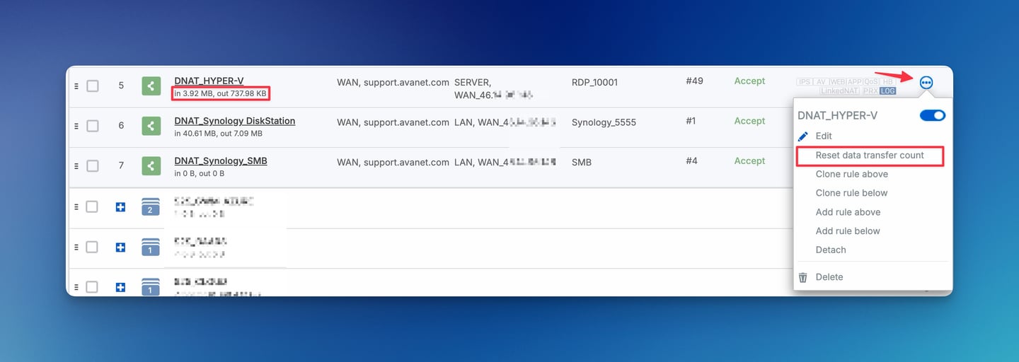Menu a tre punti di Sophos Firewall con Reset data transfer count