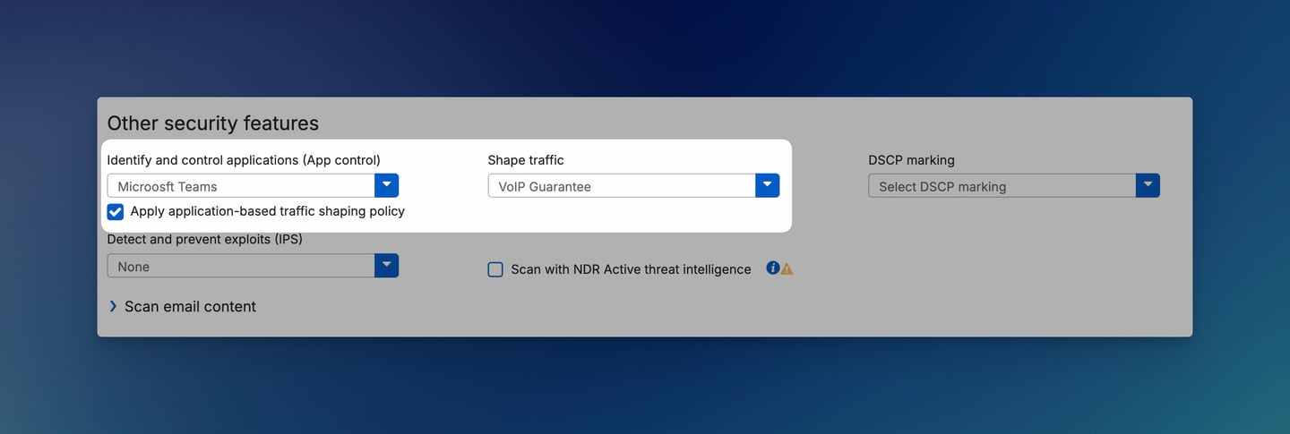 Sophos Firewall - Regola del firewall con opzione Apply application-based traffic shaping policy attivata