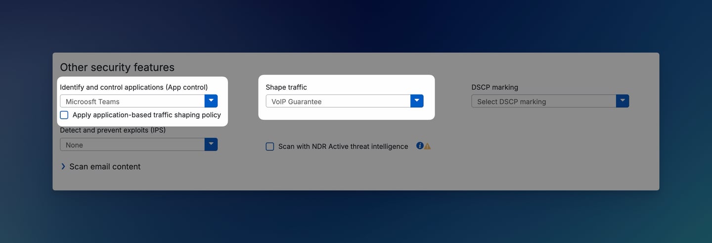 Sophos Firewall - Regola del firewall con Application Control e Traffic Shaping senza policy basata su applicazioni attivata