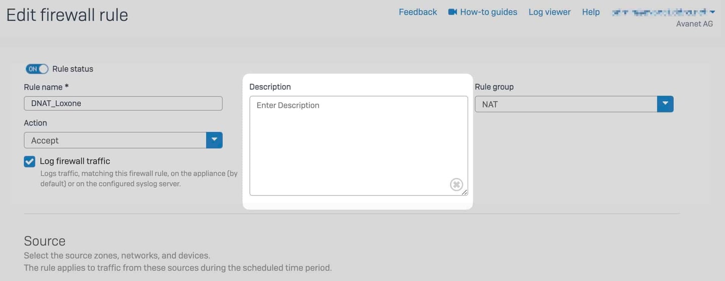 Règle Sophos Firewall avec champ Description