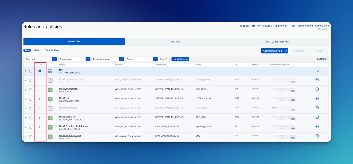 Regole del firewall di Sophos Firewall con ordine delle regole evidenziato