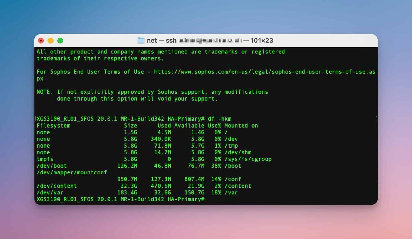 Sophos Firewall - Speicherplatz anzeigen in der Advanced Shell