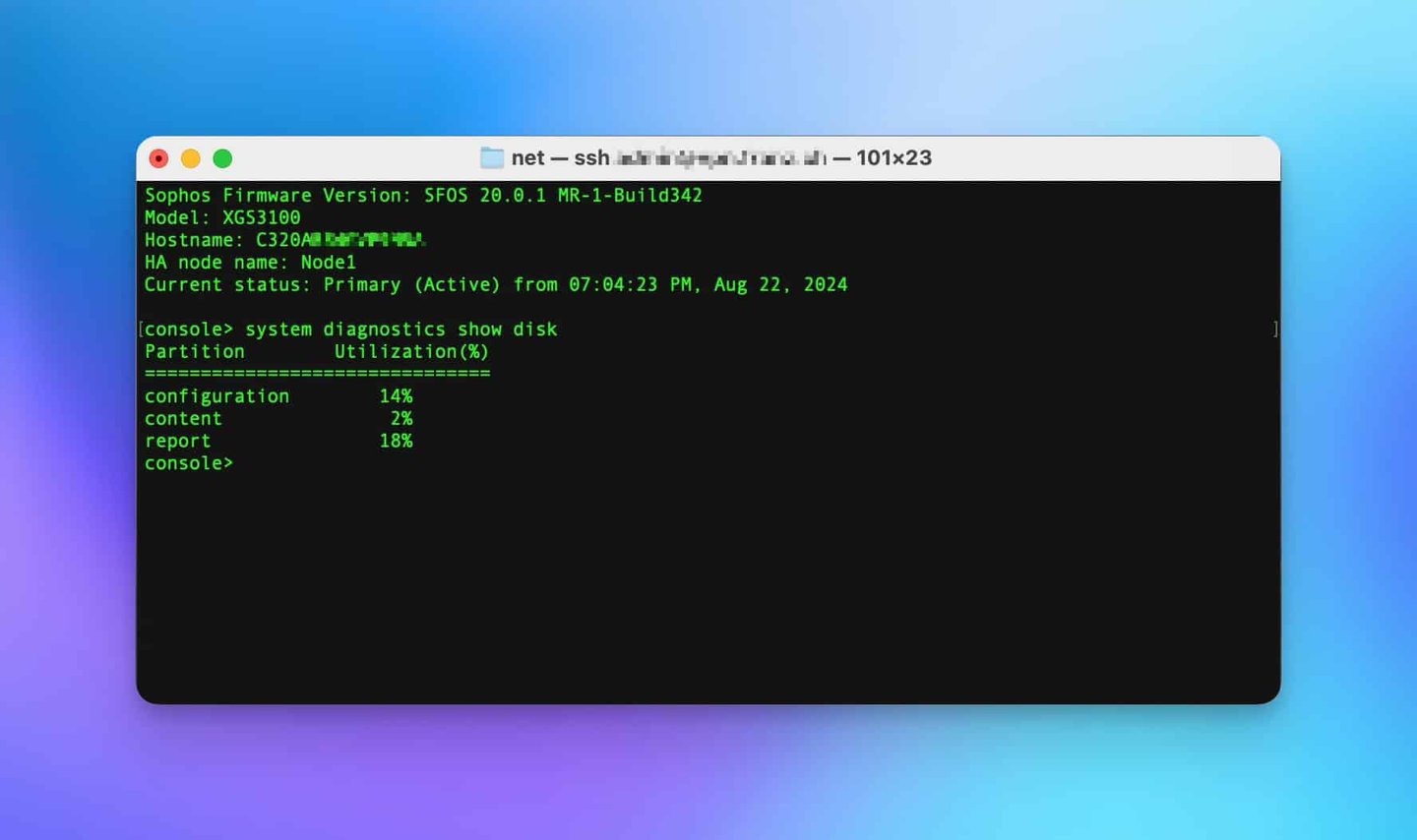 Sophos Firewall - Speicherplatz anzeigen auf der Device Console
