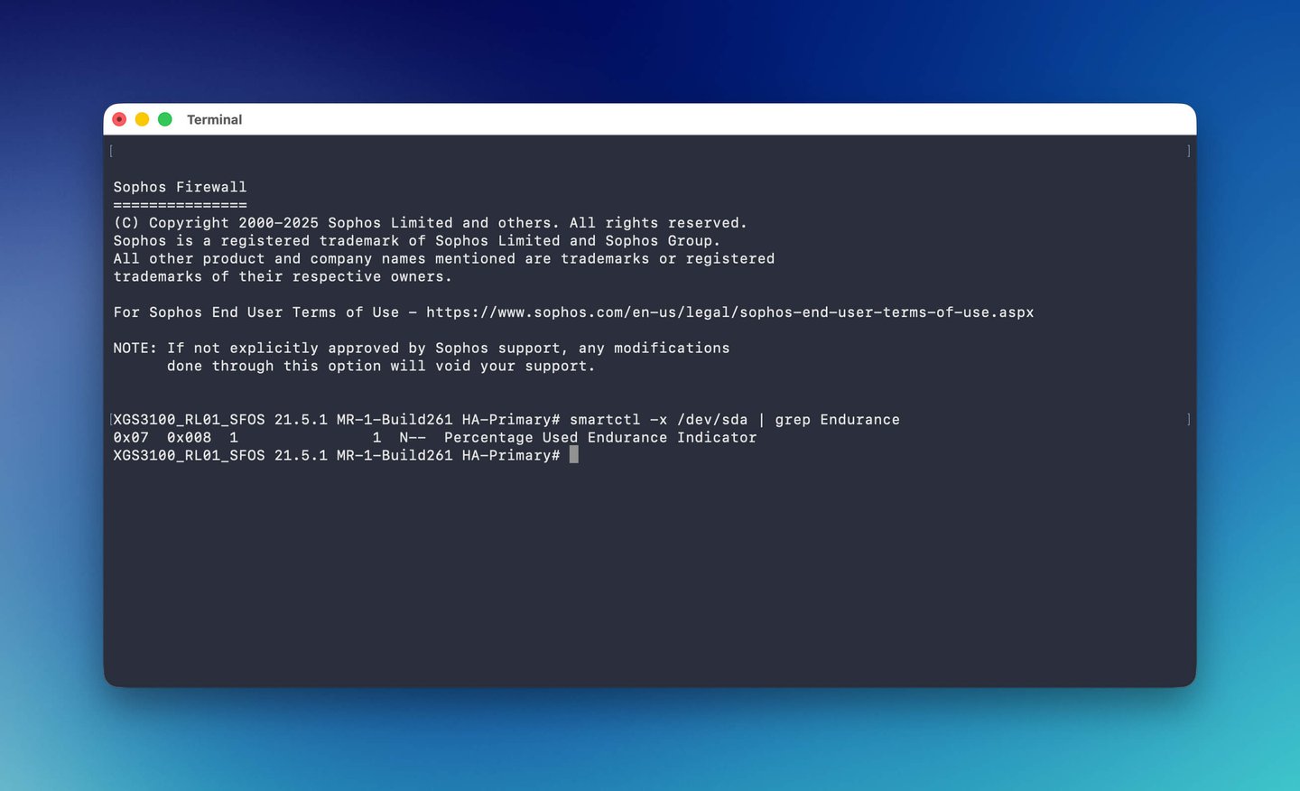 Sophos Firewall Advanced Shell med smartctl-utdata för SSD-endurance-värde
