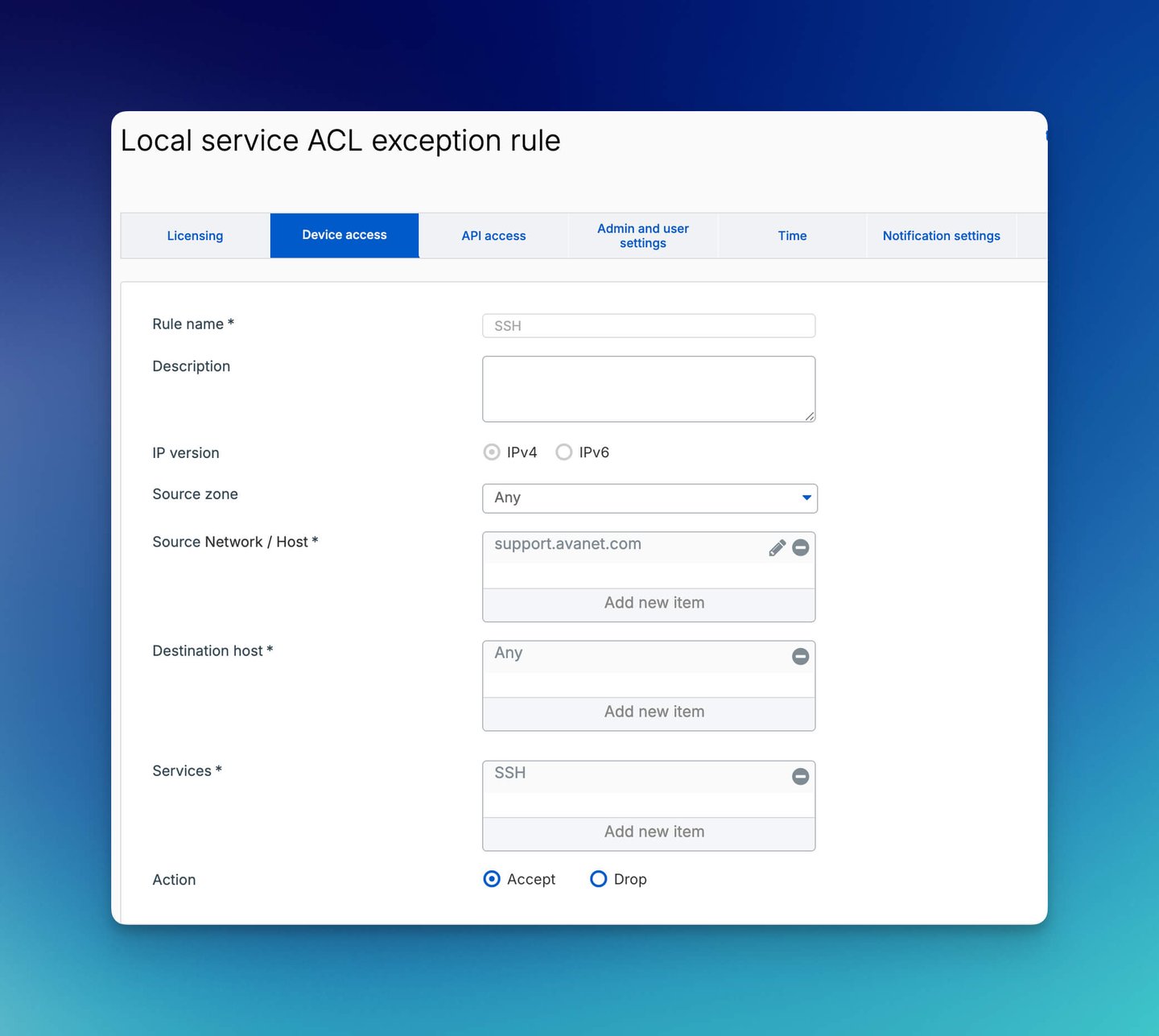 Regola di eccezione ACL del servizio locale di Sophos Firewall per l'accesso SSH