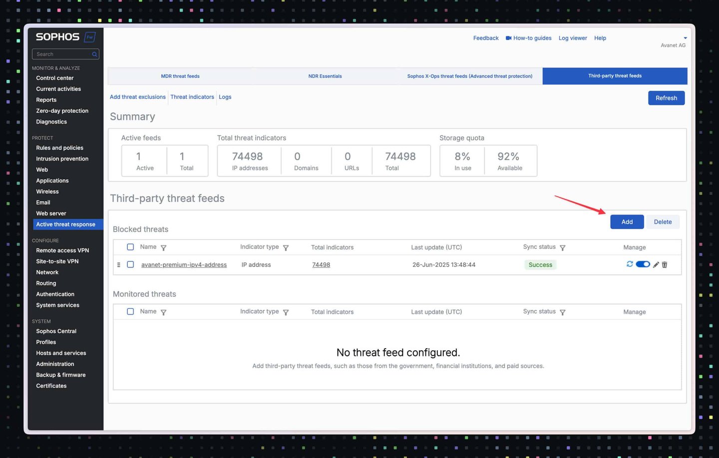 Ajouter des Sophos Firewall Threat Feeds
