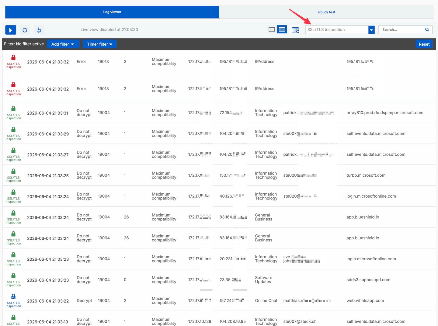 Sophos Firewall - Log Viewer con eventi di ispezione SSL/TLS