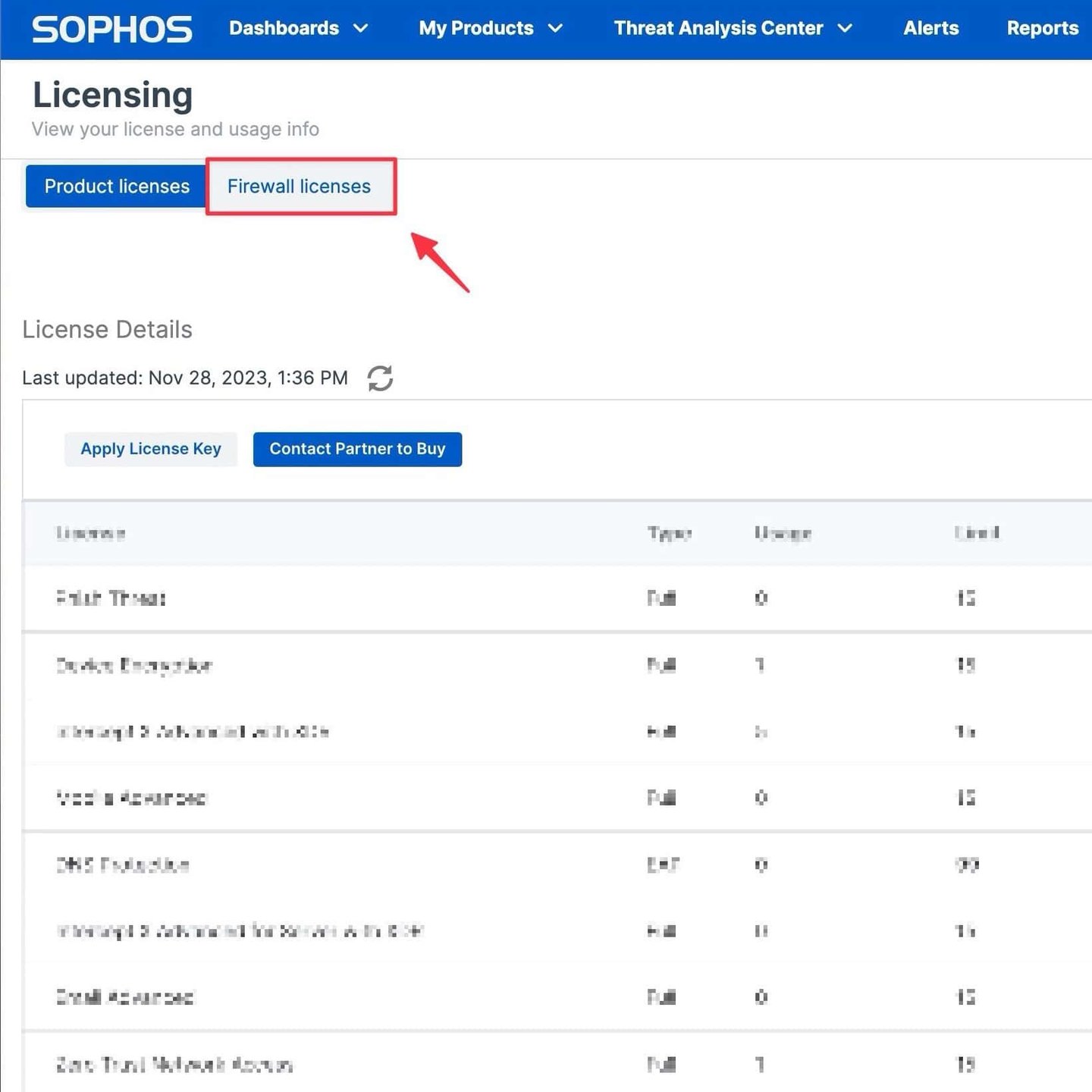 Pestaña Sophos Central Firewall licenses