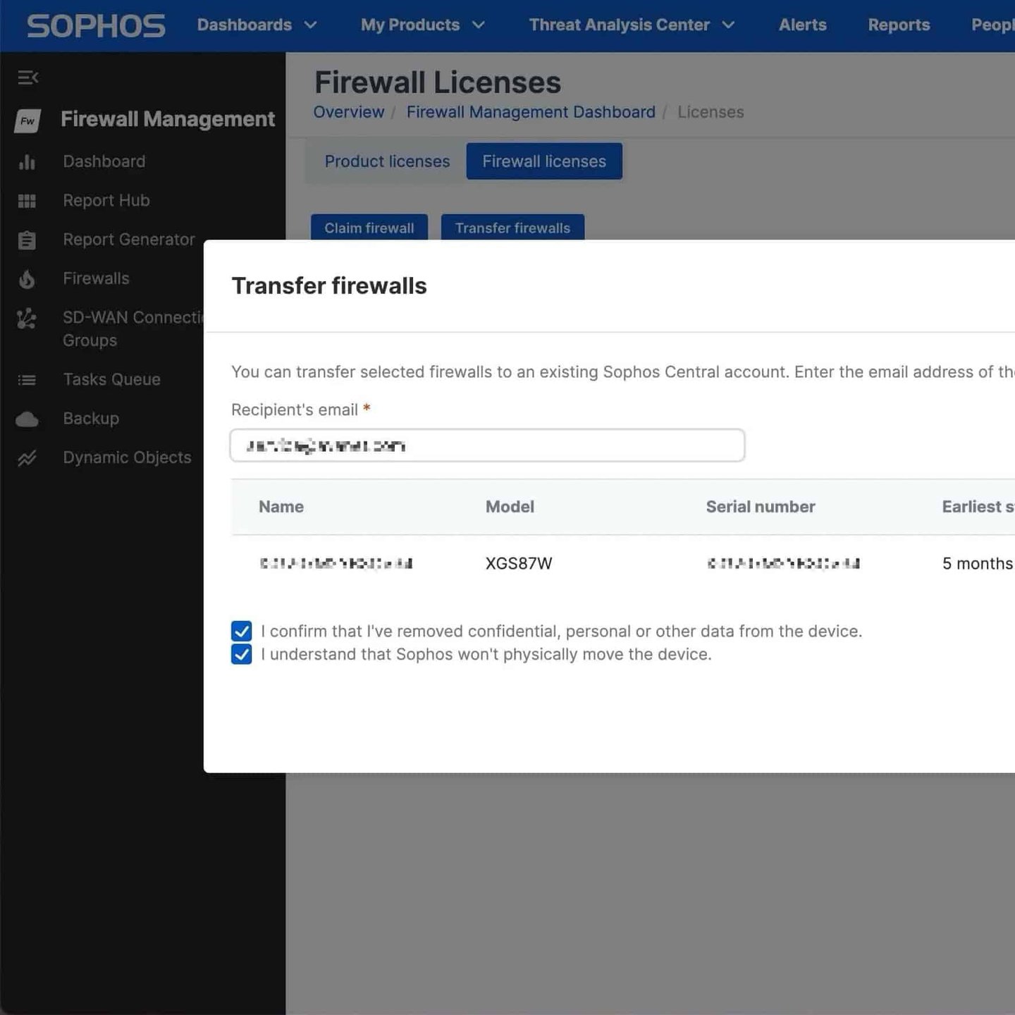 Diálogo Transfer firewalls en Sophos Central