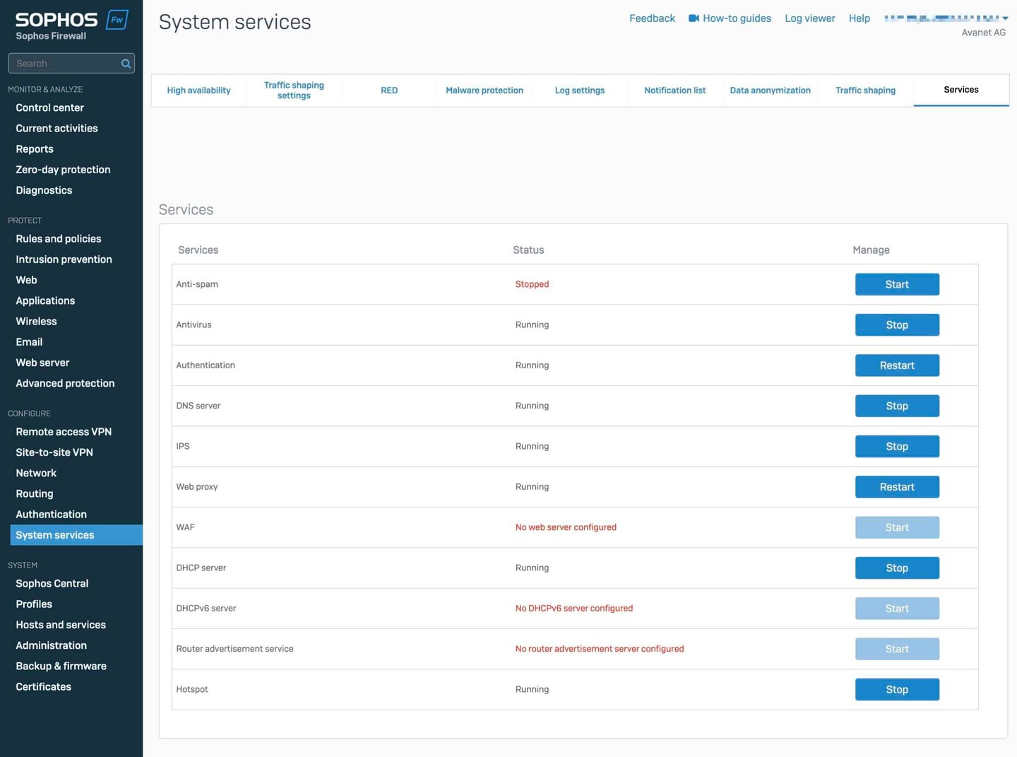 Sophos Firewall WebAdmin Services Übersicht