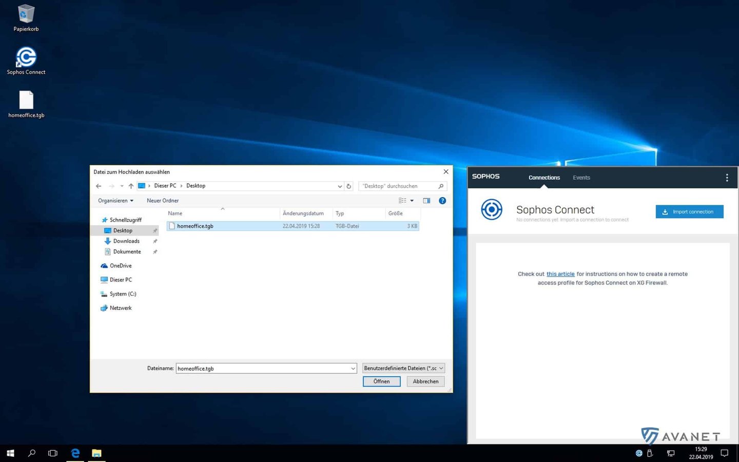 Sophos Connect on Windows with the option to import a connection