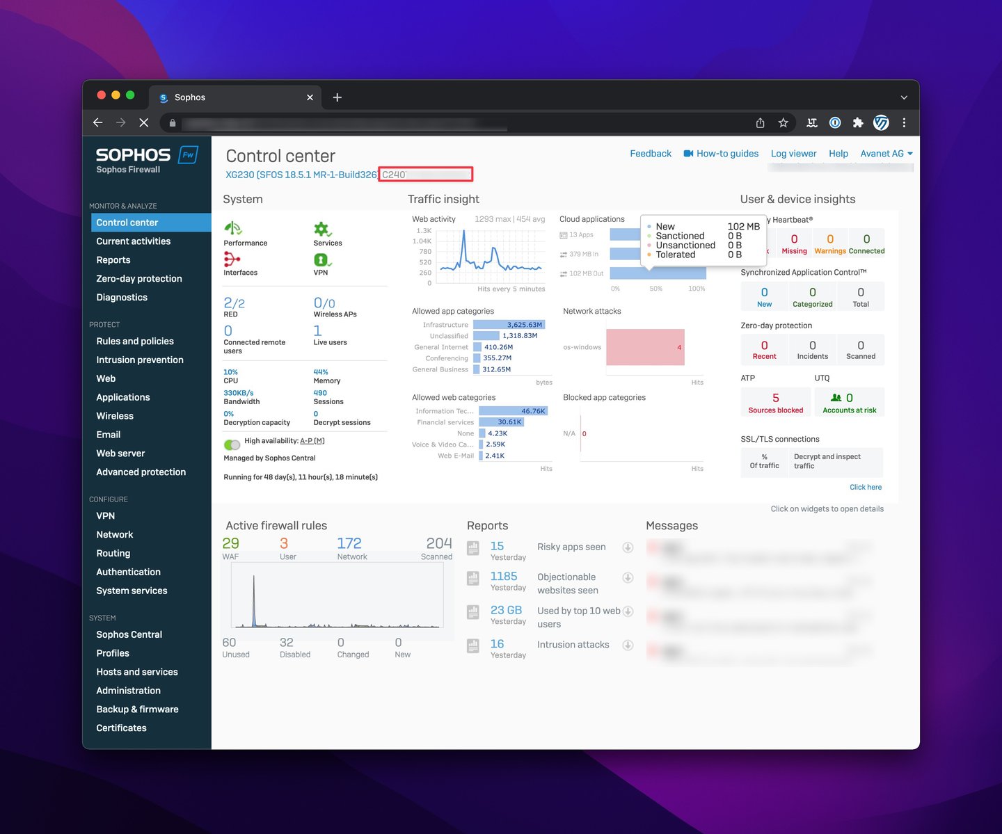 Sophos Firewall Dashboard with serial number marked