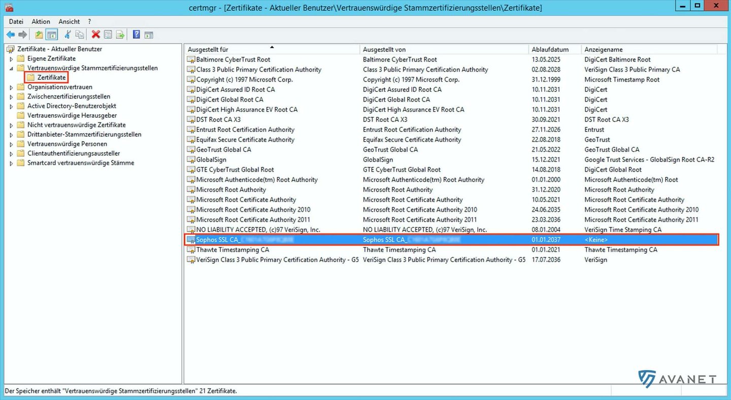 Sophos CA auf einem Windows-Client importieren