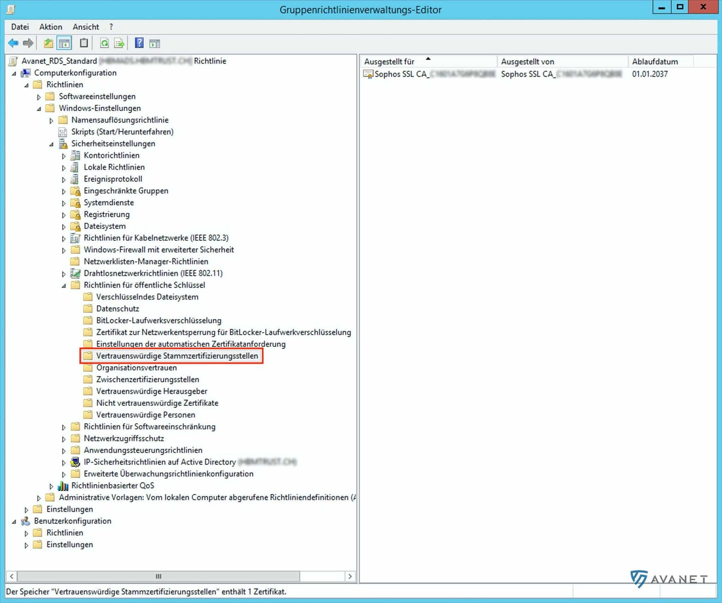 Sophos CA per GPO in vertrauenswürdige Stammzertifizierungsstellen importieren