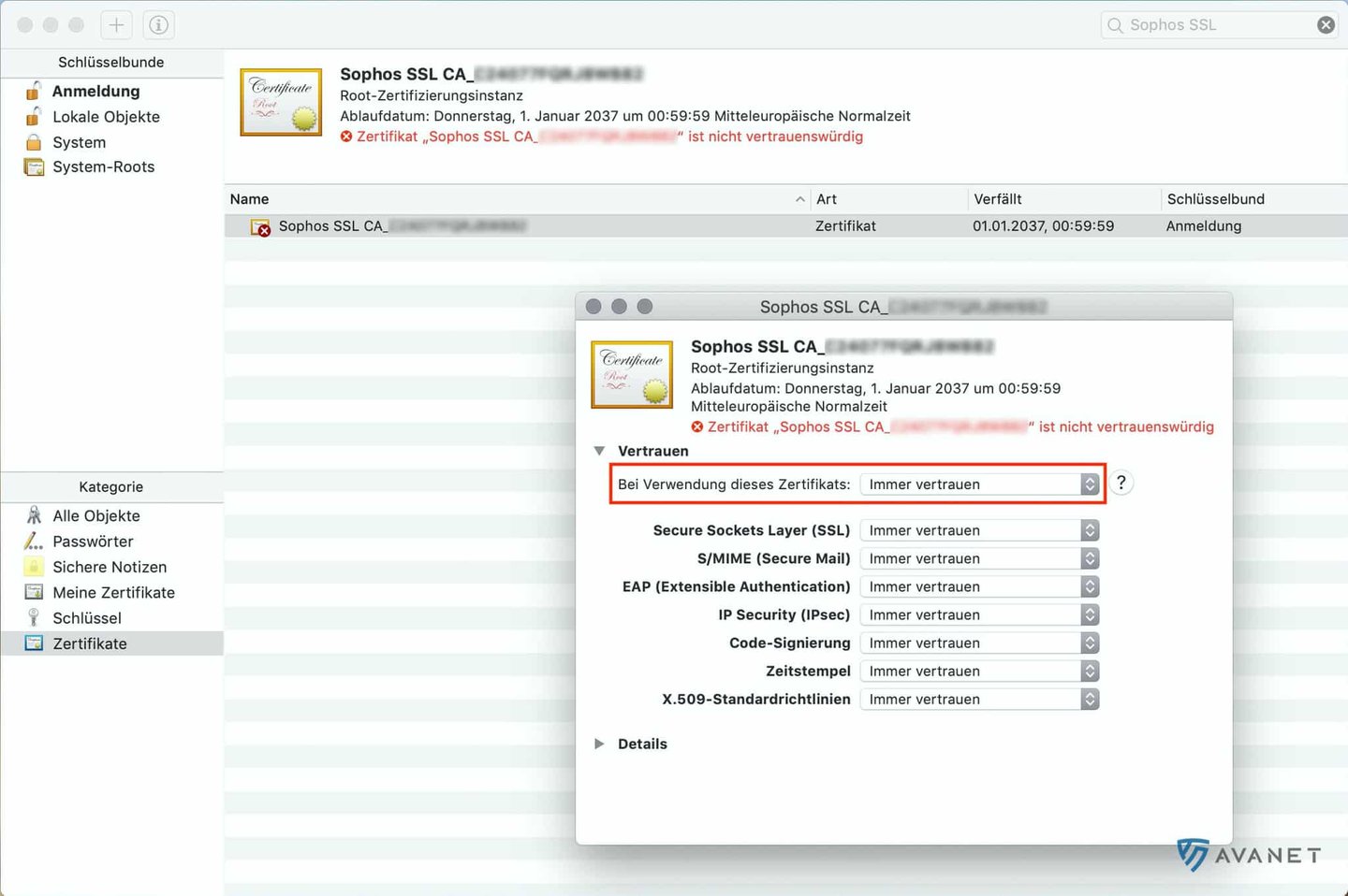 Sophos CA in macOS Schlüsselbundverwaltung vertrauen